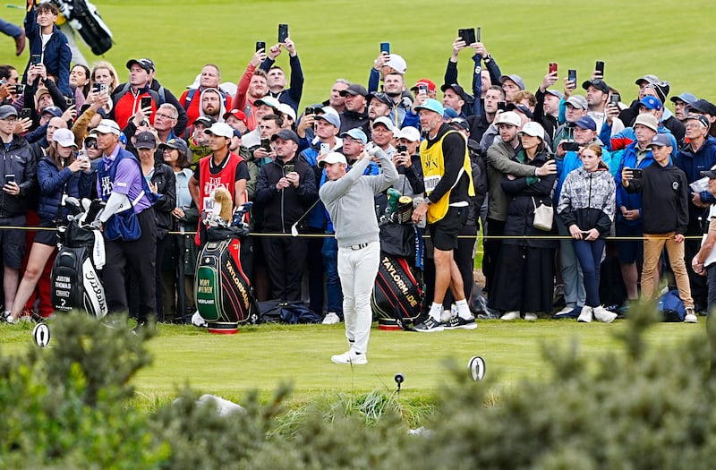 Northern Ireland's Rory McIlroy tees off the 15th on day one. Photograph: Peter Byrne/PA